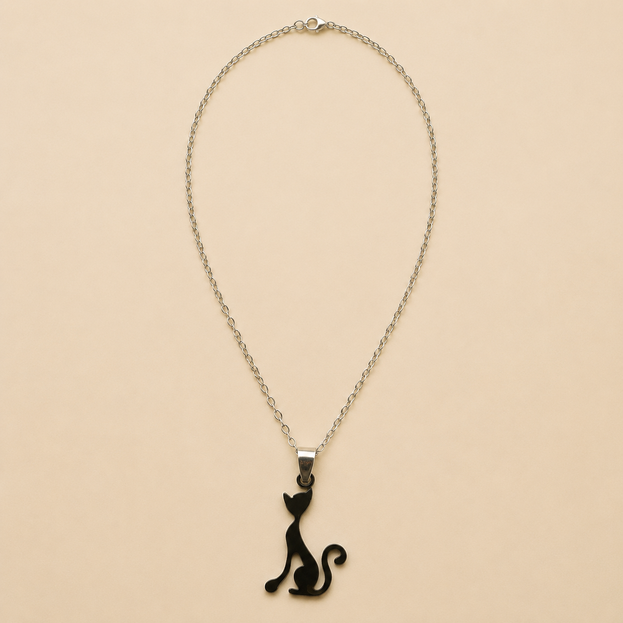 Silver Sitting Cat Pendant Necklace