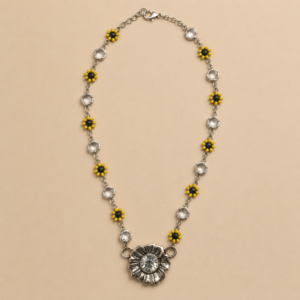 Yellow Daisy and Antique Silver Flower Necklace