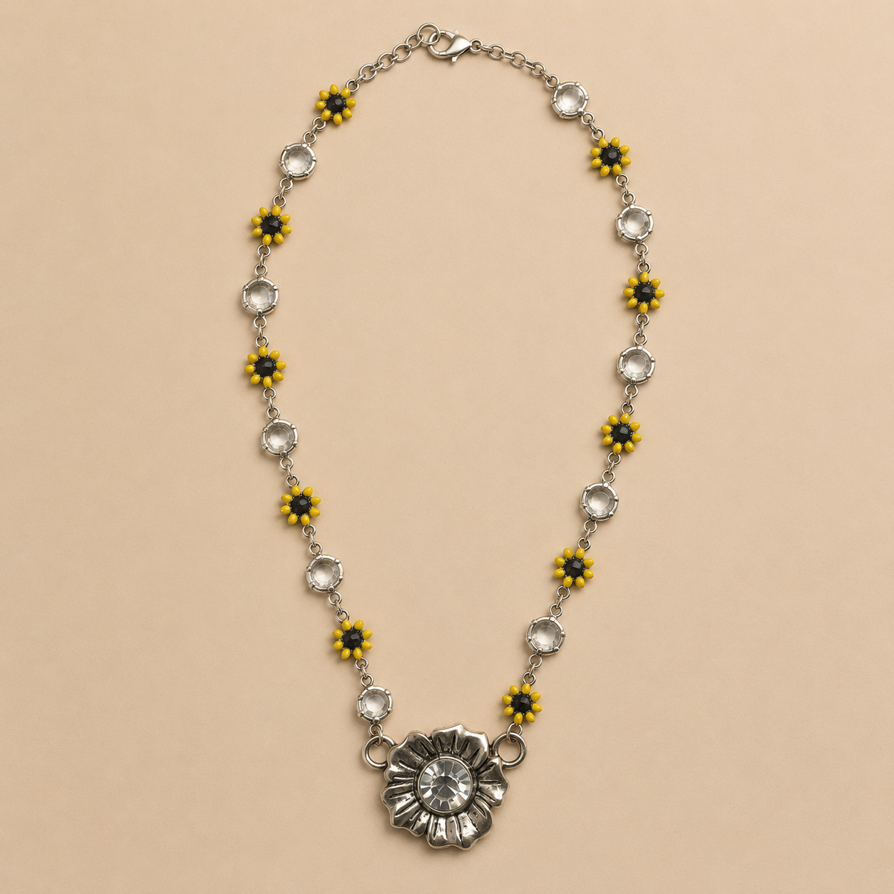 Yellow Daisy and Antique Silver Flower Necklace