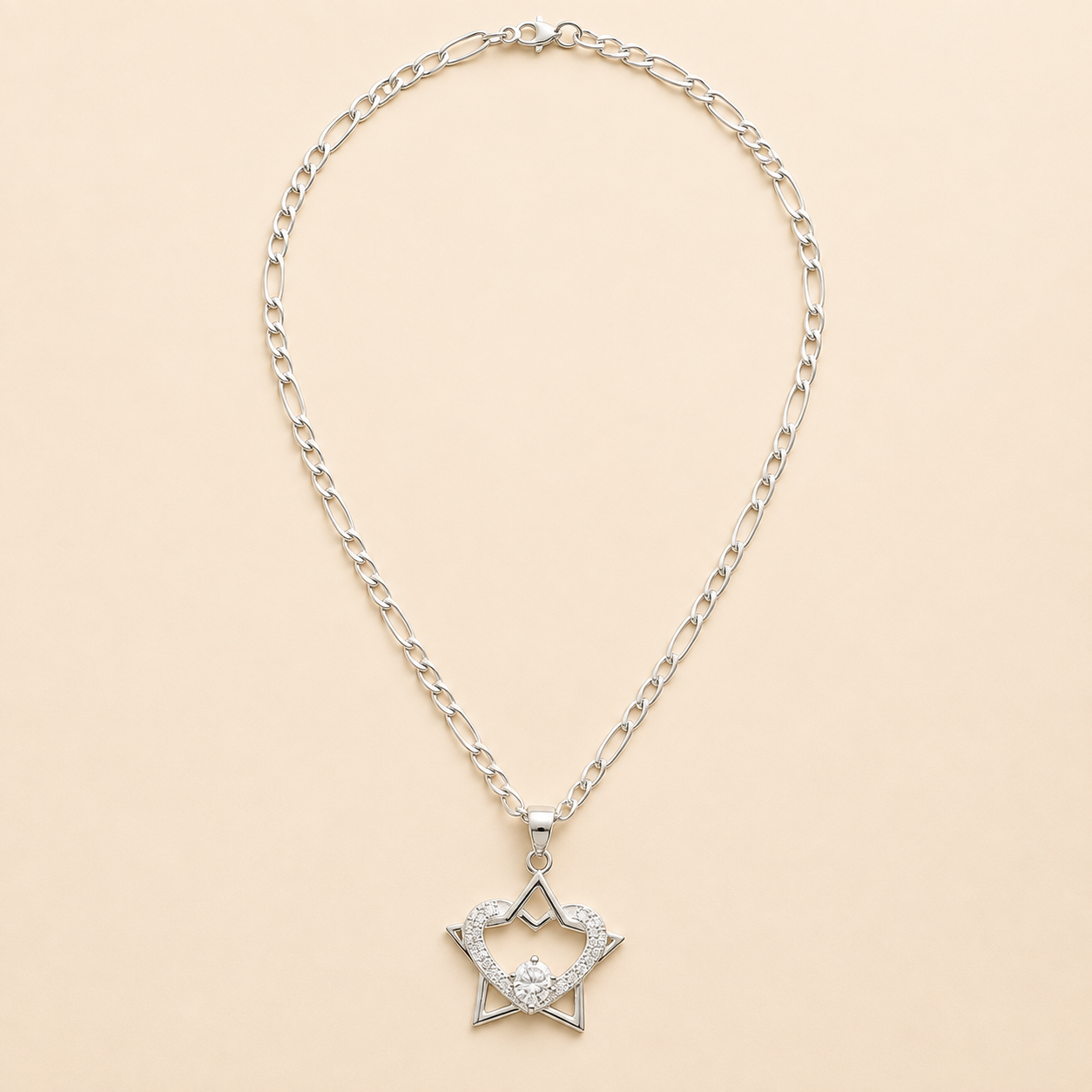 Silver Heart and Five-Point Star Pendant Necklace