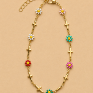 Multicolour Daisy and Cross Stainless Steel Anklet