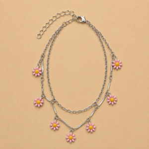 Pink Daisy Layered Stainless Steel Anklet