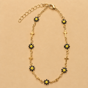 Black Daisy and Cross Gold-Tone Stainless Steel Anklet