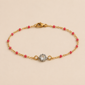 Gold-Coloured Stainless Steel Red Bead Accent Bracelet