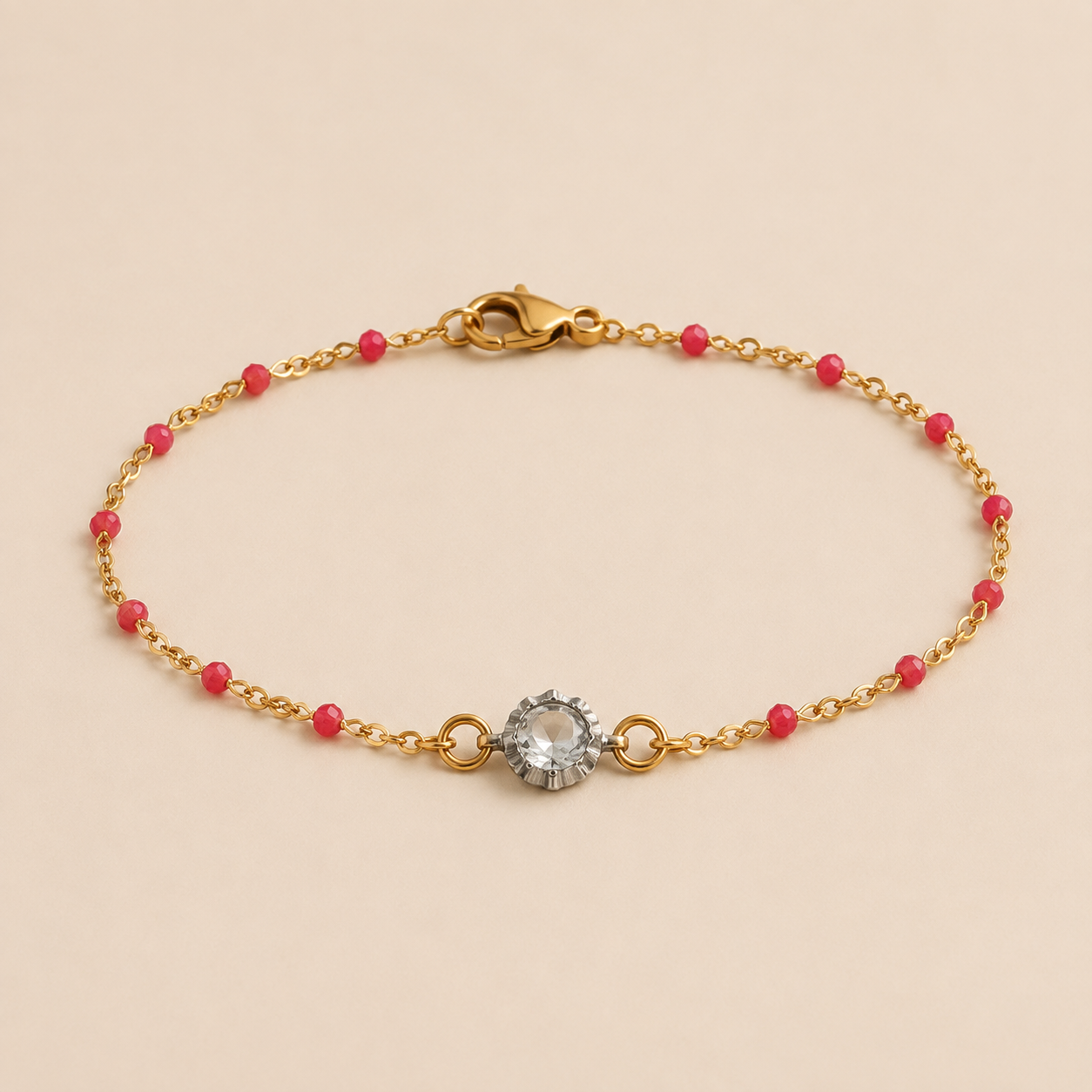 Gold-Coloured Stainless Steel Red Bead Accent Bracelet