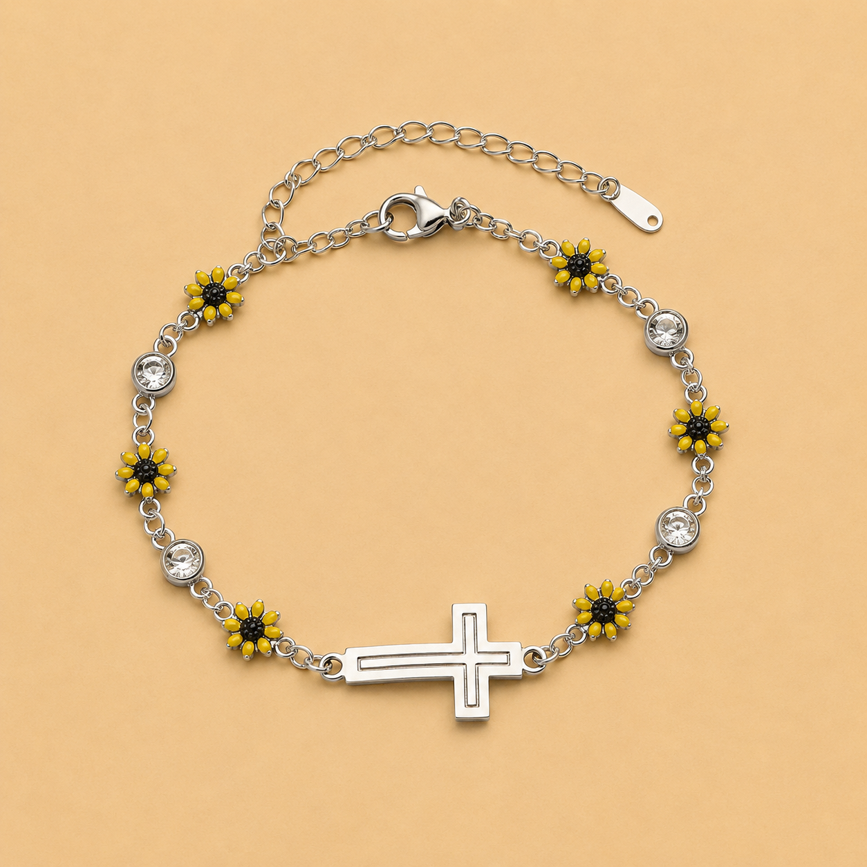 Silver Sunflower, Crystal & Cross Bracelet