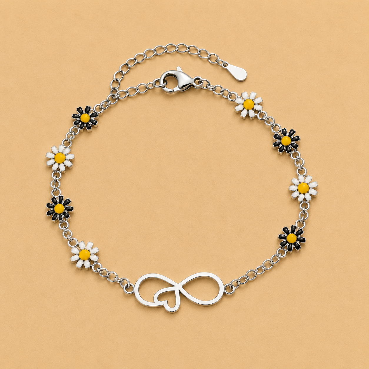 Black & White Daisy Infinity Heart Bracelet