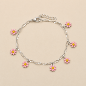 Pink Daisy Charm Stainless Steel Bracelet