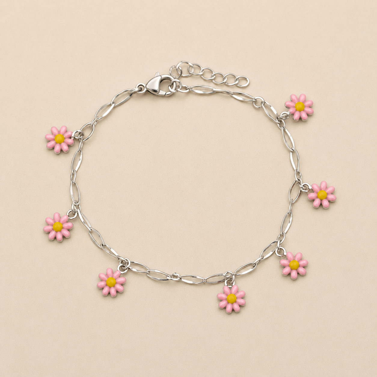 Pink Daisy Charm Stainless Steel Bracelet