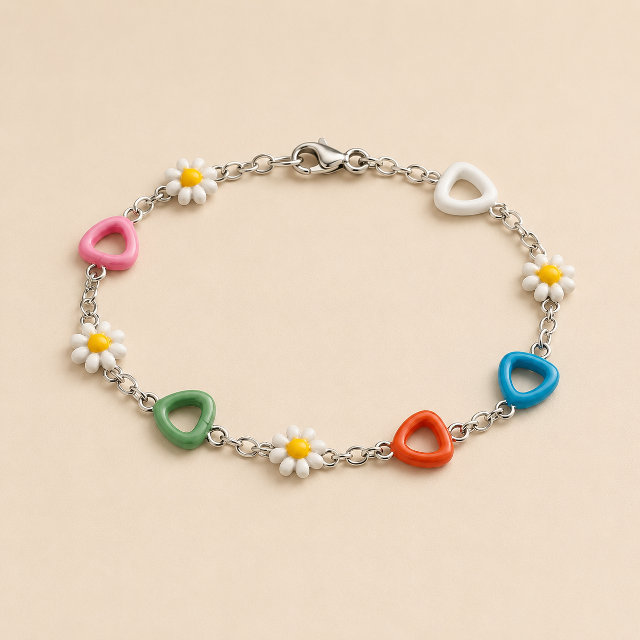 Multicolour Heart and Daisy Stainless Steel Bracelet