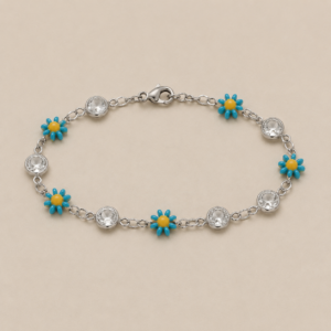 Turquoise Daisy and Clear Accent Stainless Steel Bracelet