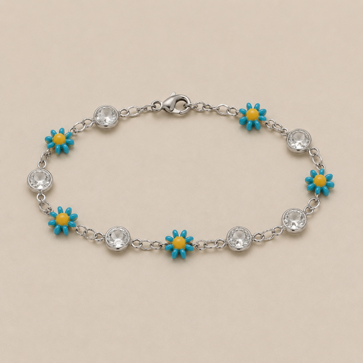 Turquoise Daisy and Clear Accent Stainless Steel Bracelet