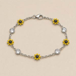 Sunflower and Clear Accent Stainless Steel Bracelet