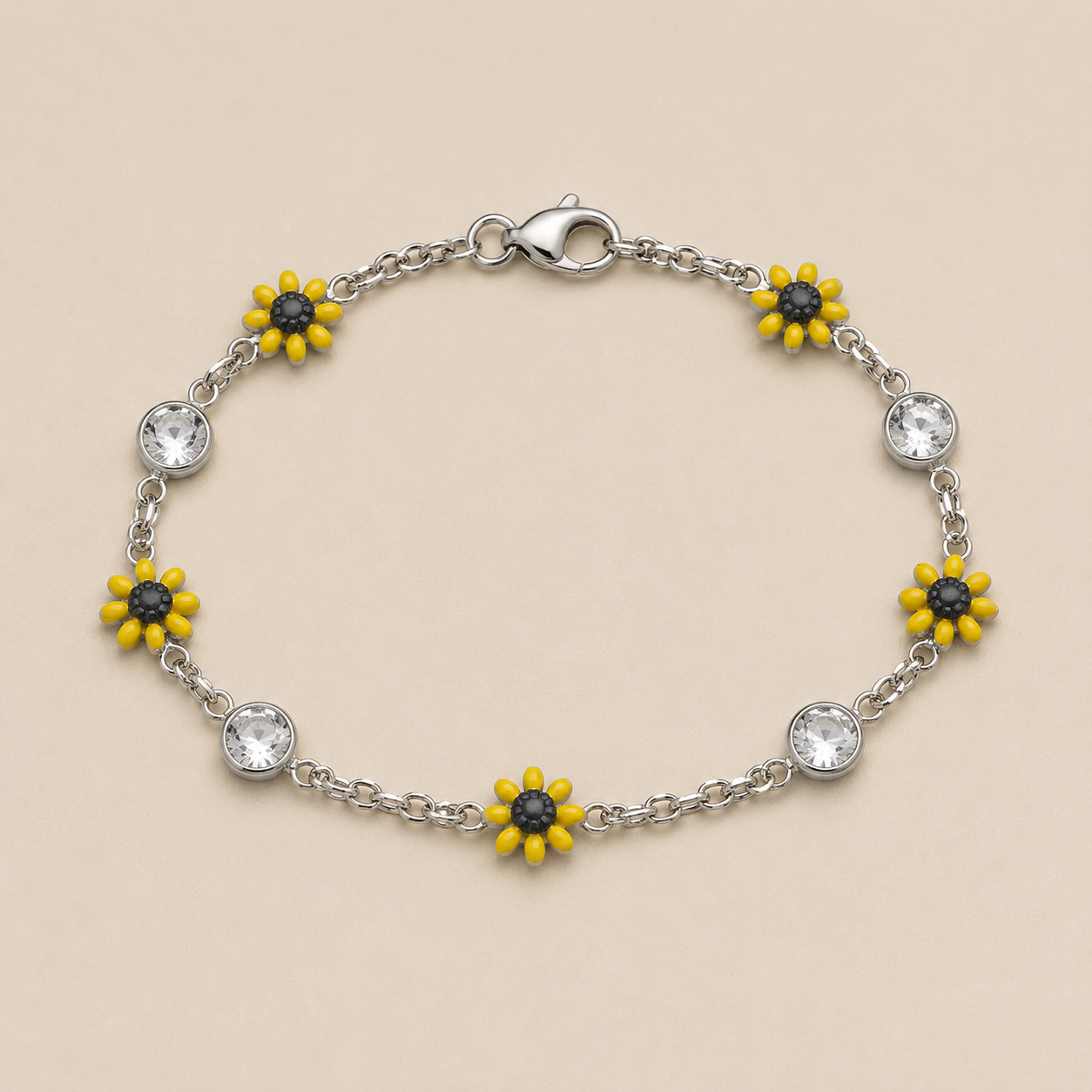 Sunflower and Clear Accent Stainless Steel Bracelet