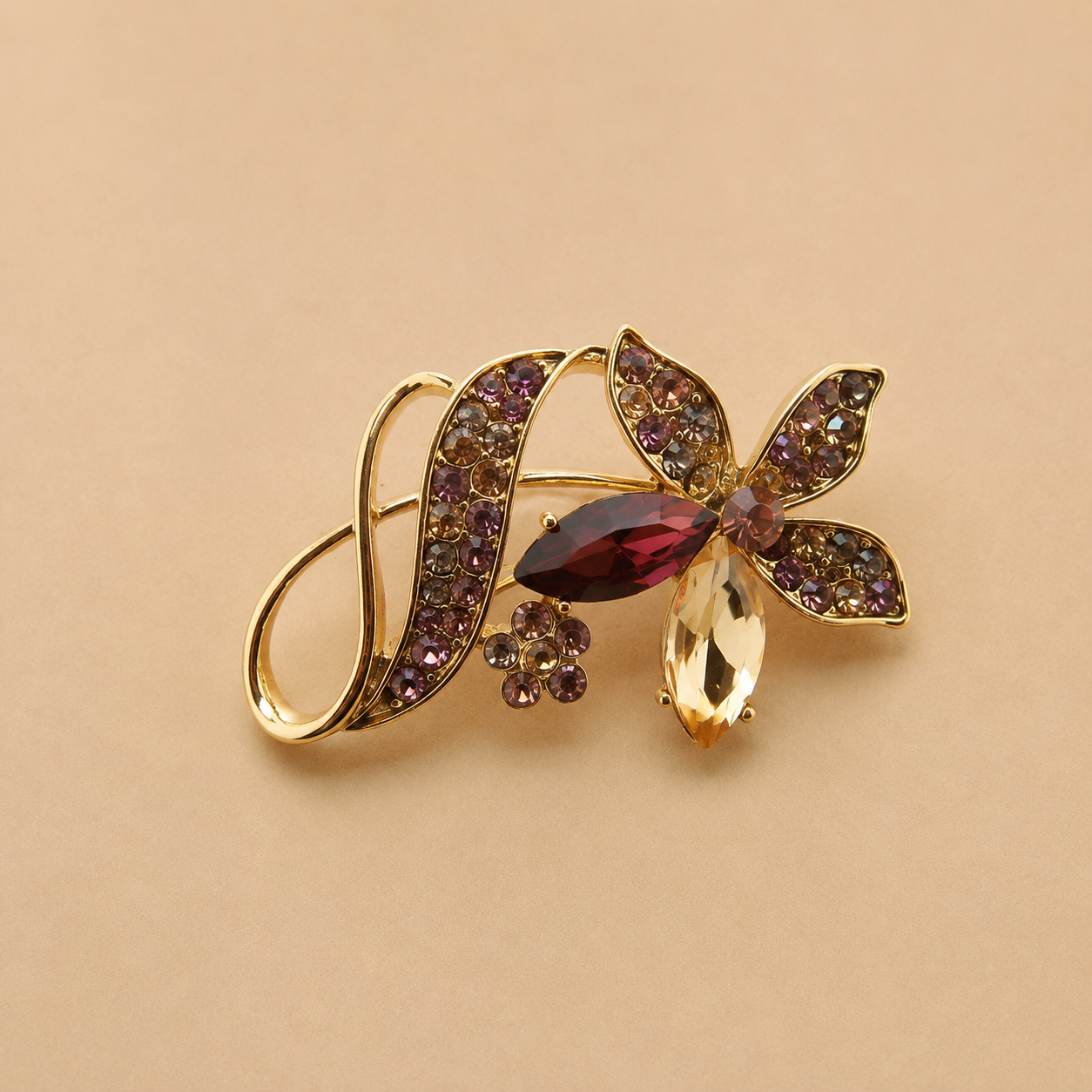 Gold Floral Crystal Brooch