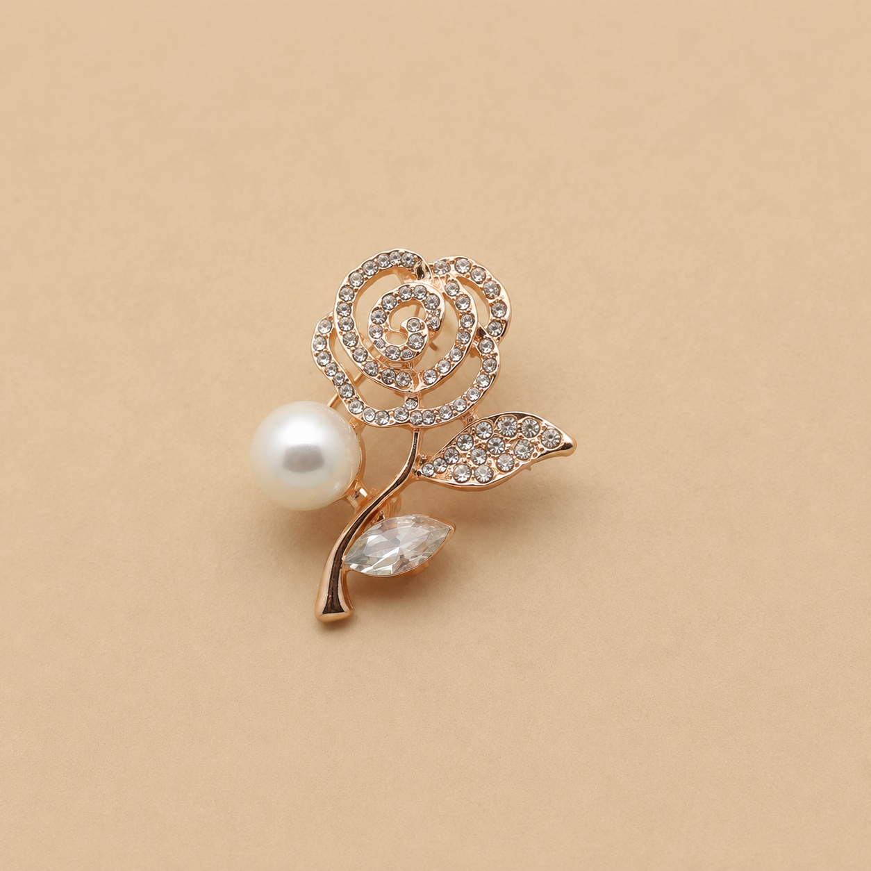 Gold Pearl & Crystal Rose Brooch