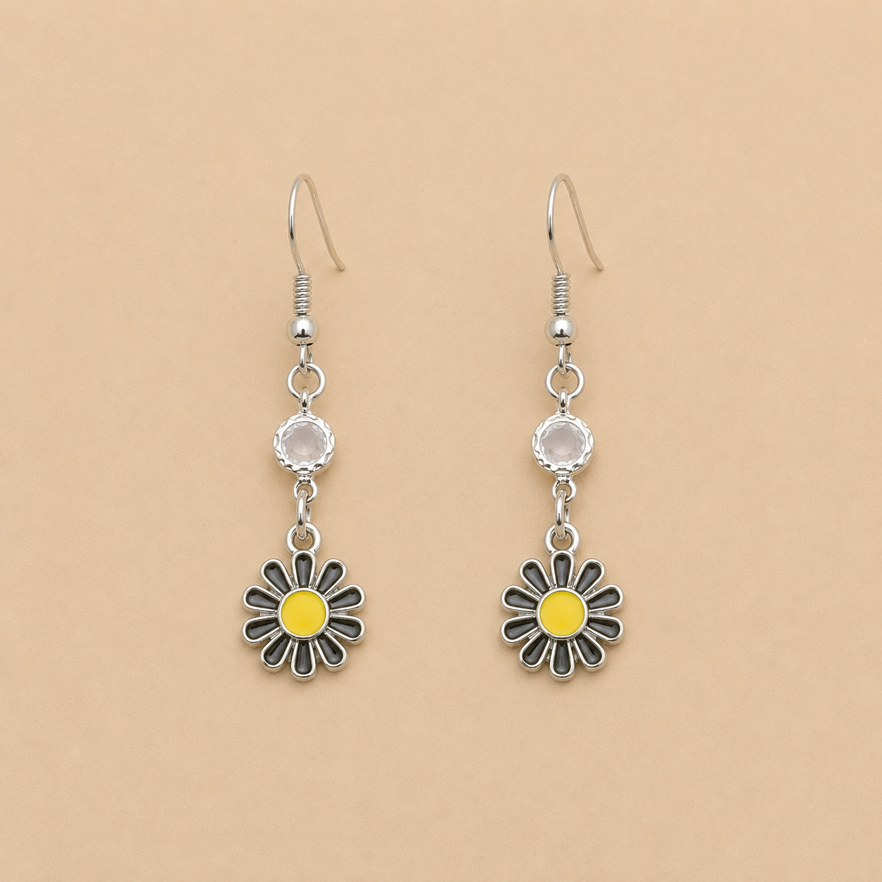 Yellow Flower & Clear Bead Drop Earrings