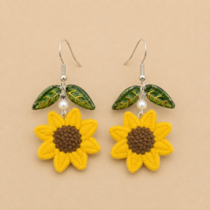 Sunflower and Green Leaf Drop Earrings