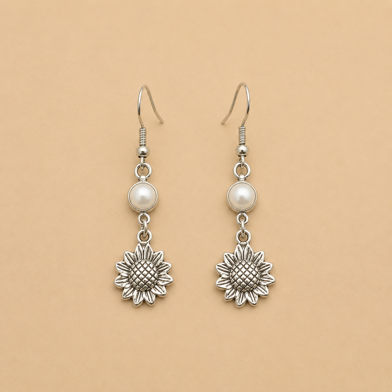 Silver Sunflower & Pearl Drop Earrings