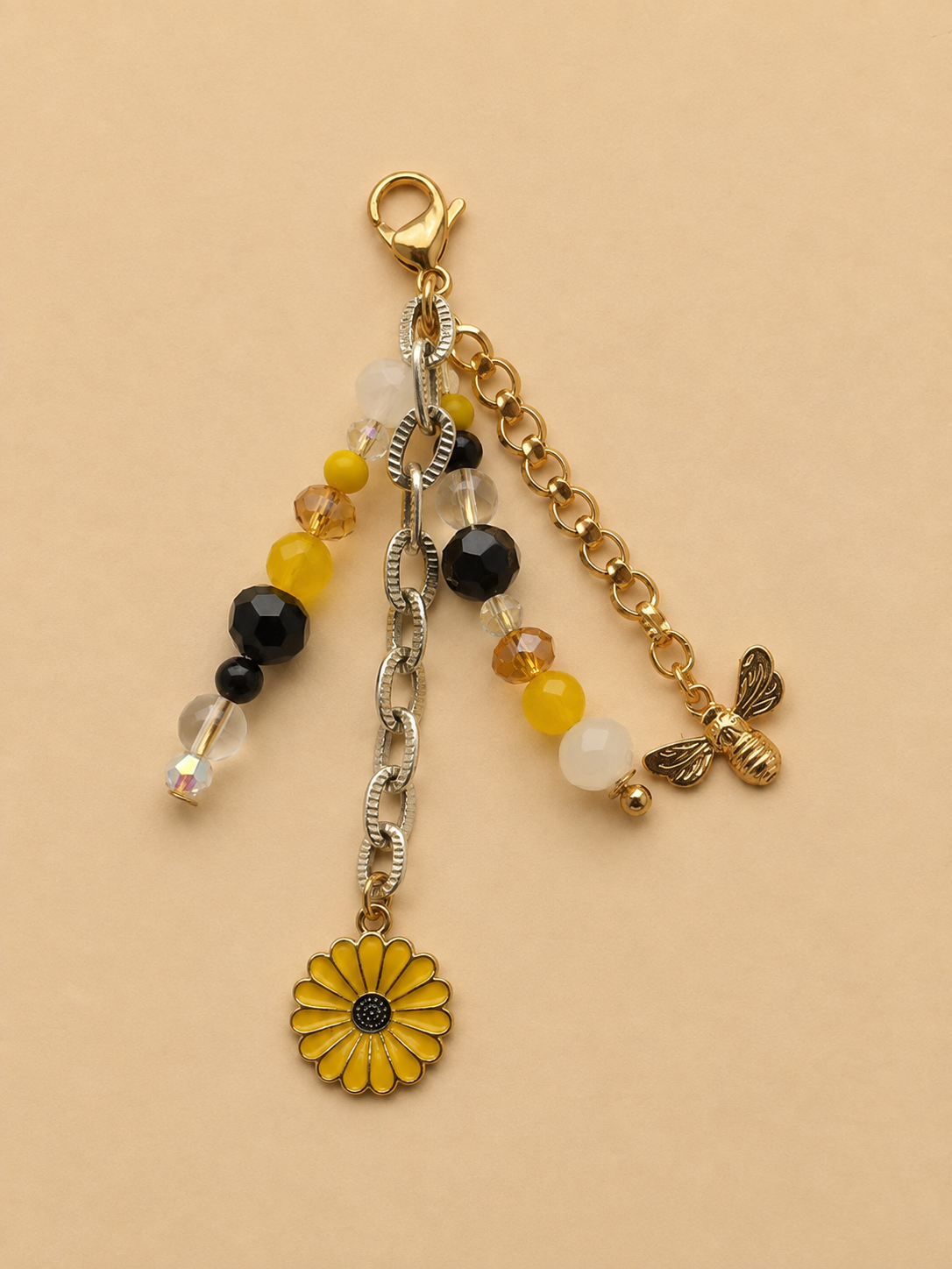 Gold-Tone Sunflower & Bee Beaded Keychain