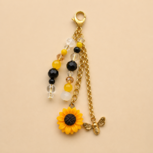 Sunflower and Bee Beaded Keychain Charm