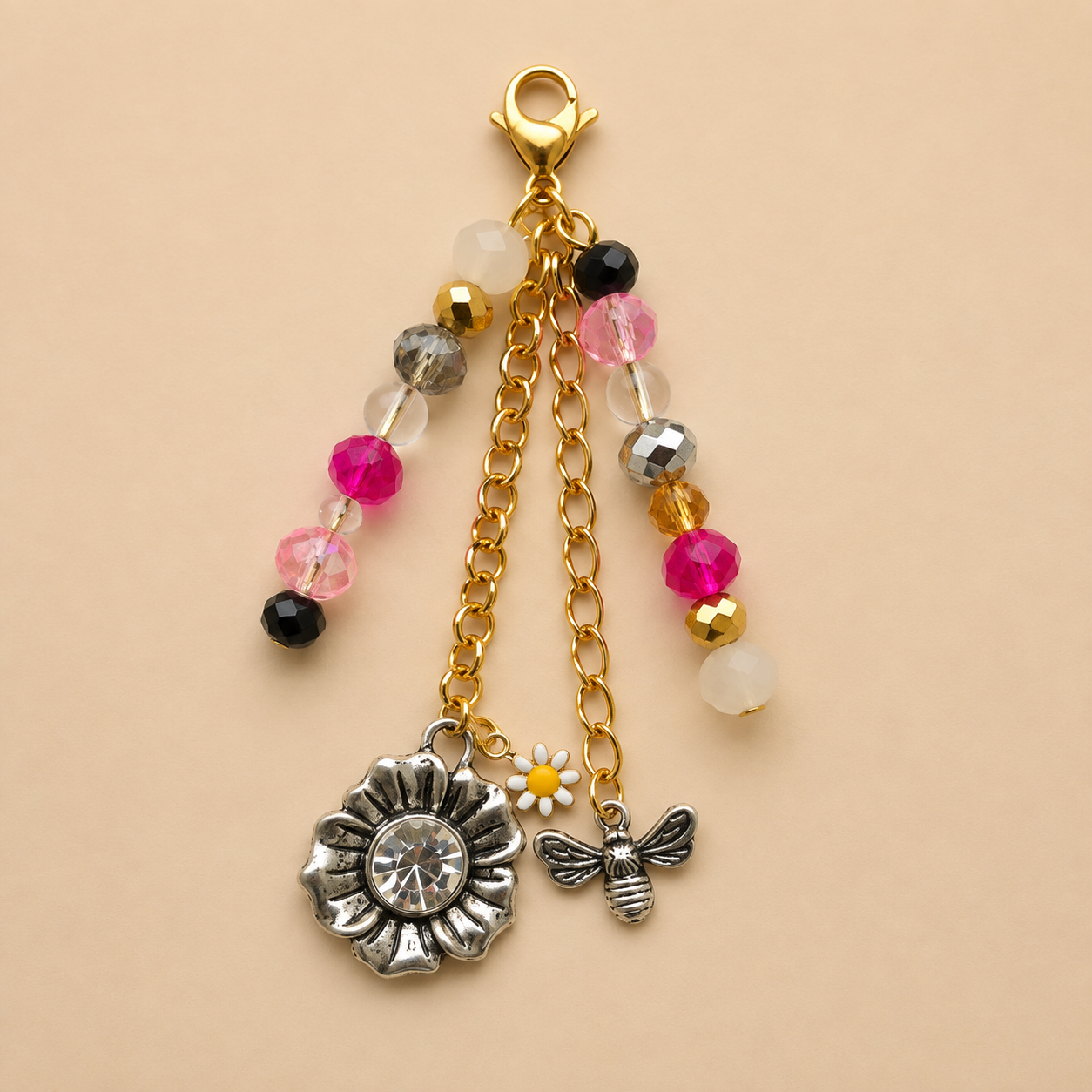Pink Daisy & Bee Beaded Keychain Charm