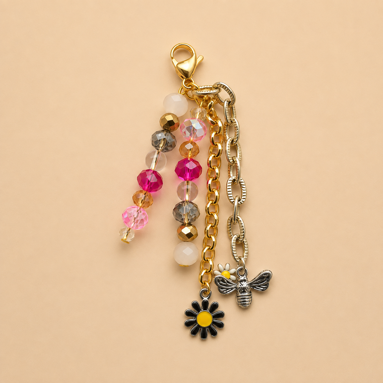 Pink Beaded Daisy & Bee Keychain Charm