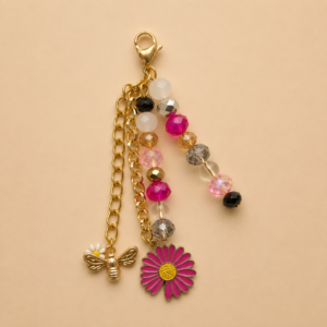 Pink Daisy and Bee Beaded Keychain Charm