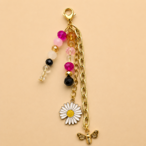 Pink Daisy and Bee Mixed-Chain Beaded Keychain Charm