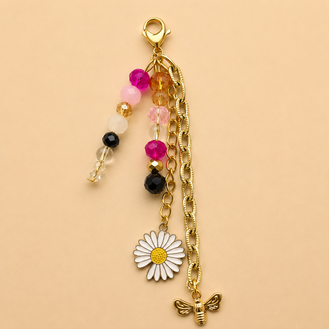 Pink Daisy & Bee Mixed-Chain Beaded Keychain Charm