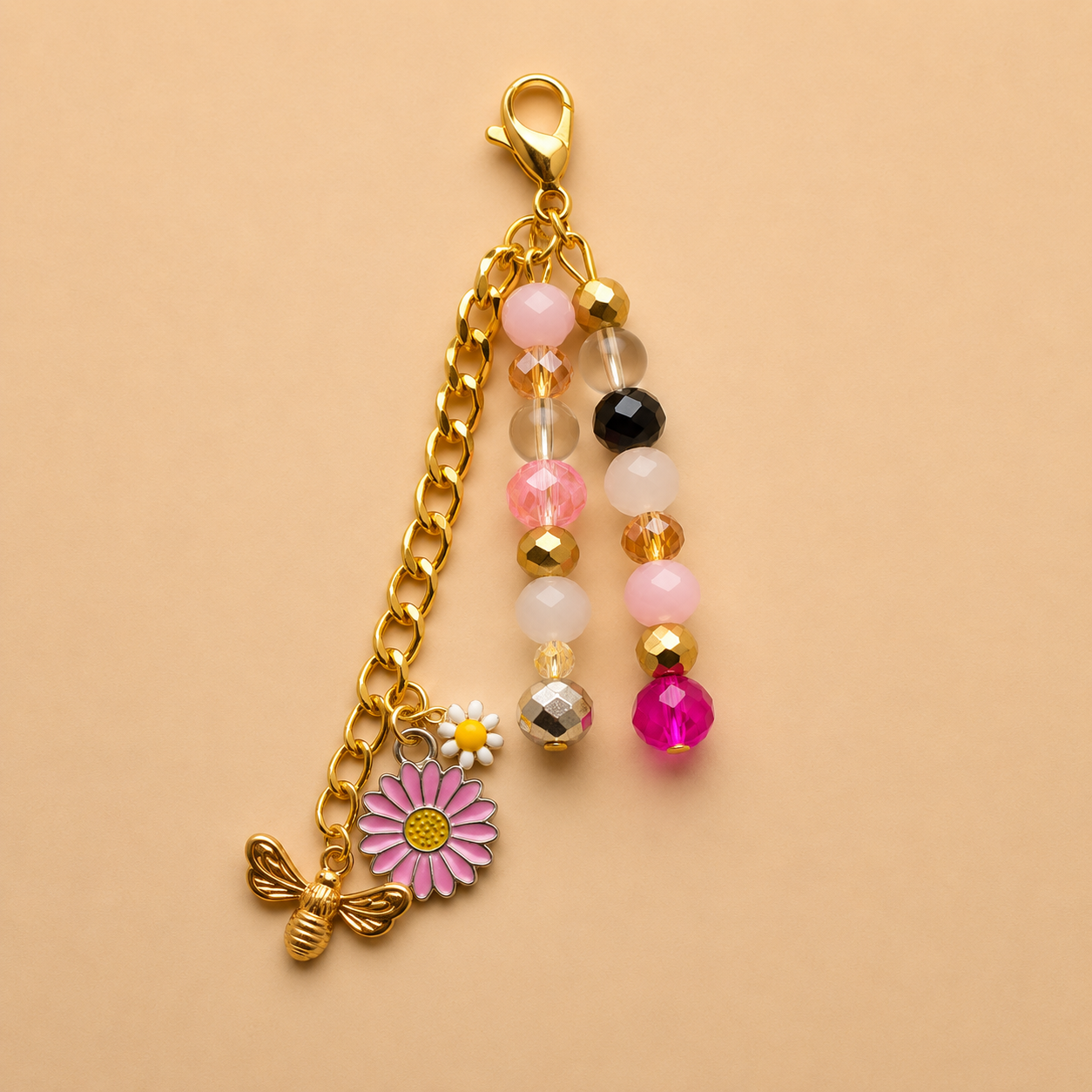 Pink Daisy & Bee Beaded Keychain Charm