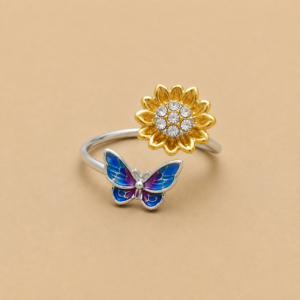 Silver Butterfly and Gold Flower Adjustable Ring