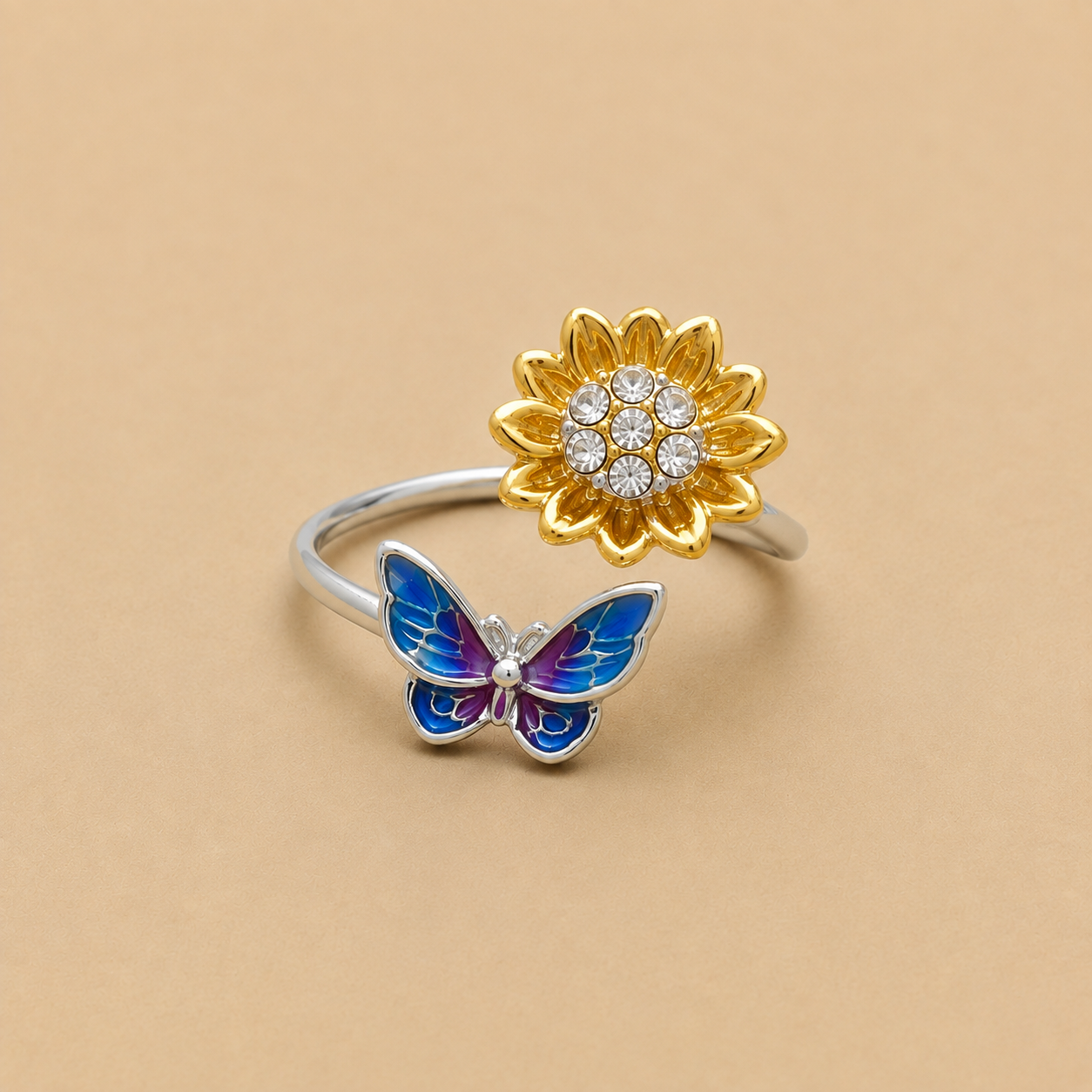 Silver Butterfly & Gold Flower Adjustable Ring