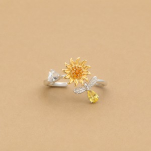 Silver Sunflower & Yellow Crystal Fidget Ring