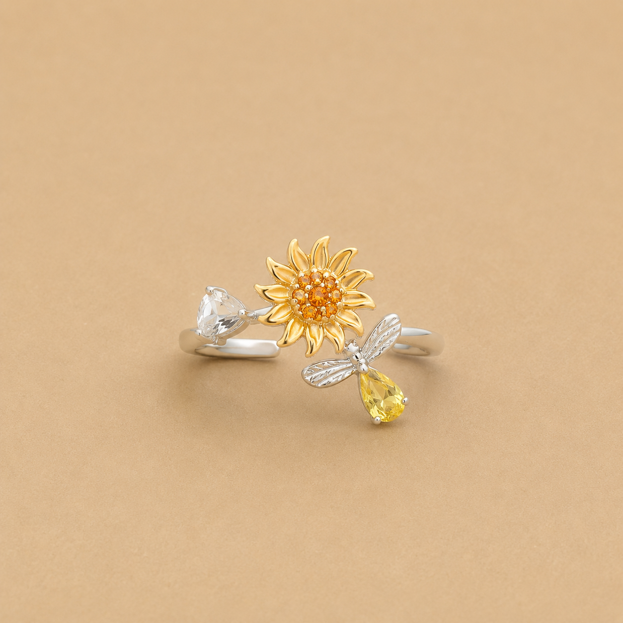 Silver Sunflower & Yellow Crystal Fidget Ring