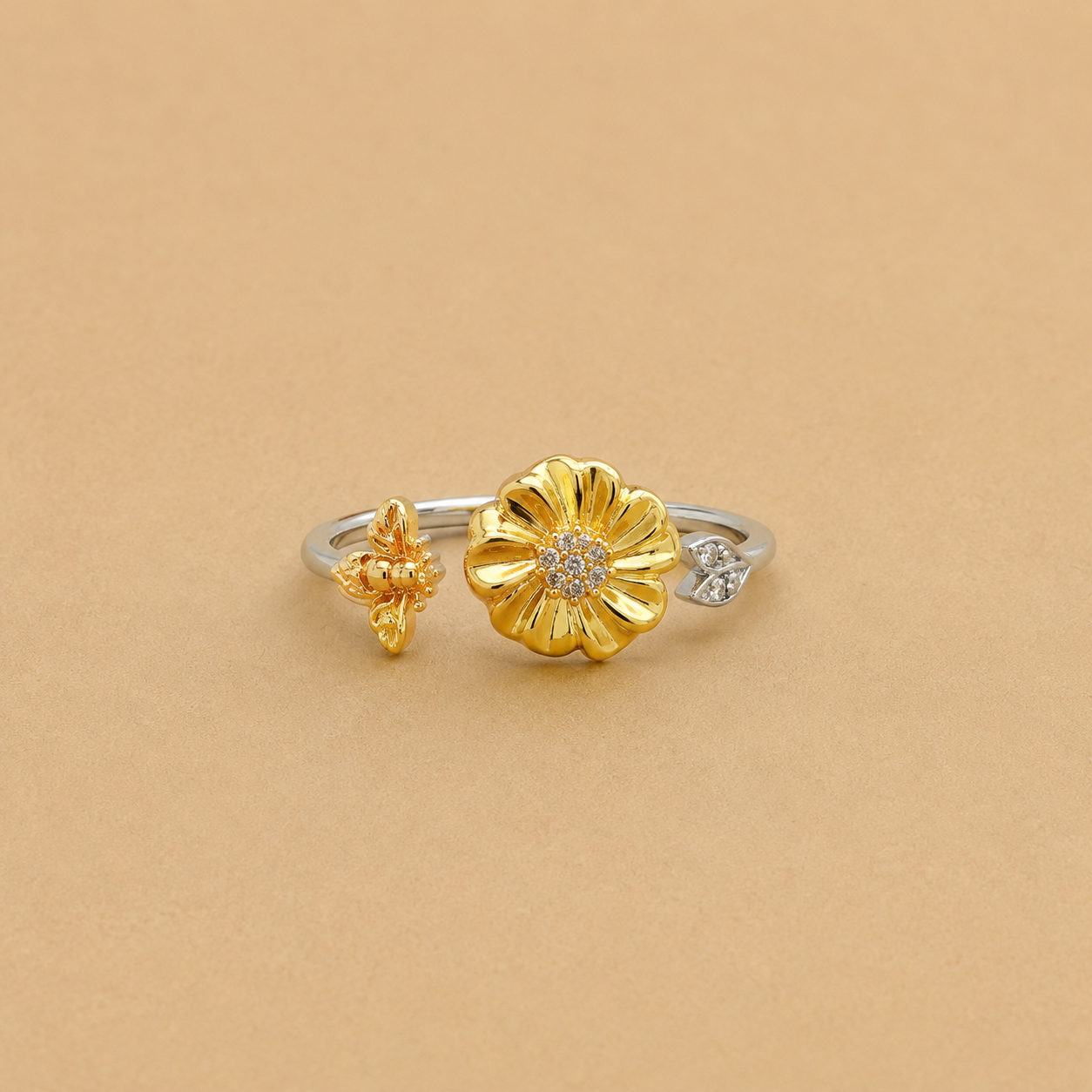 Silver Gold Flower & Butterfly Adjustable Ring