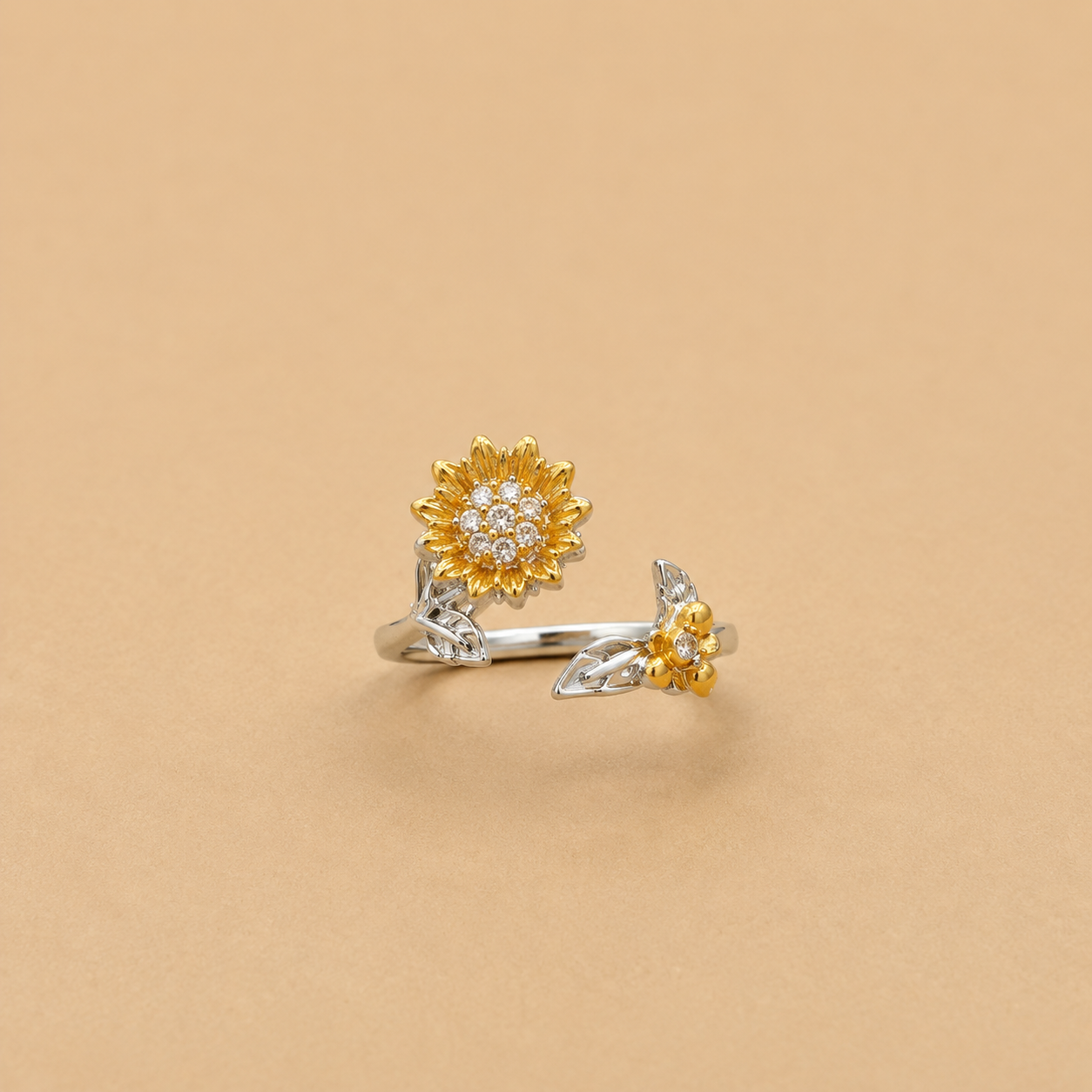 Silver Gold Flower & Bee Adjustable Ring