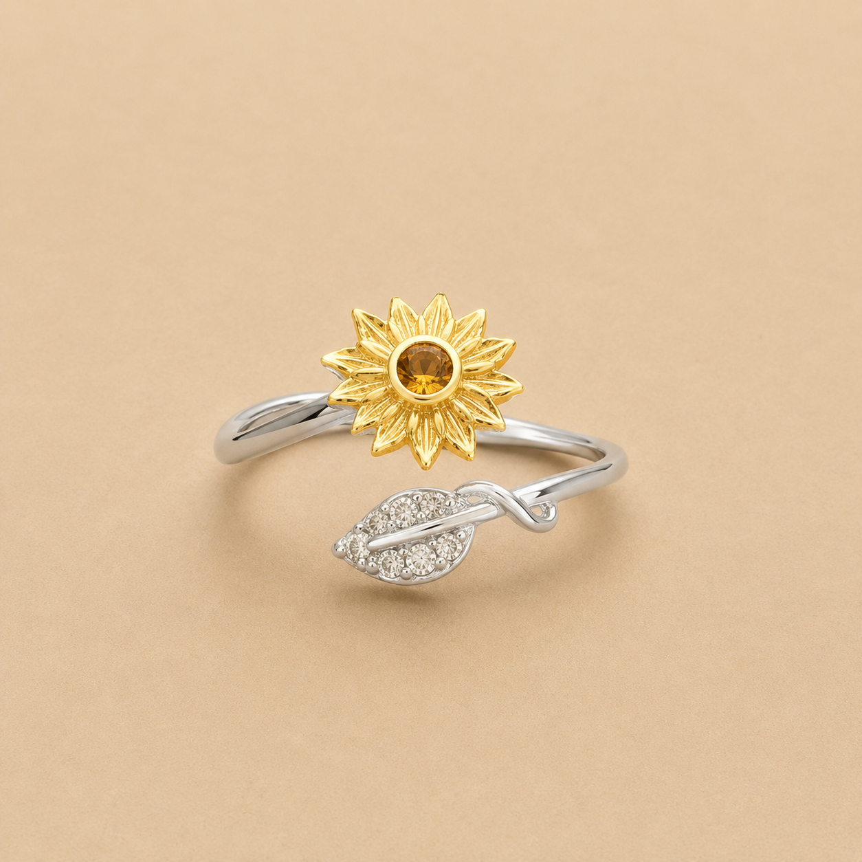 Silver Sunflower & Crystal Leaf Adjustable Ring