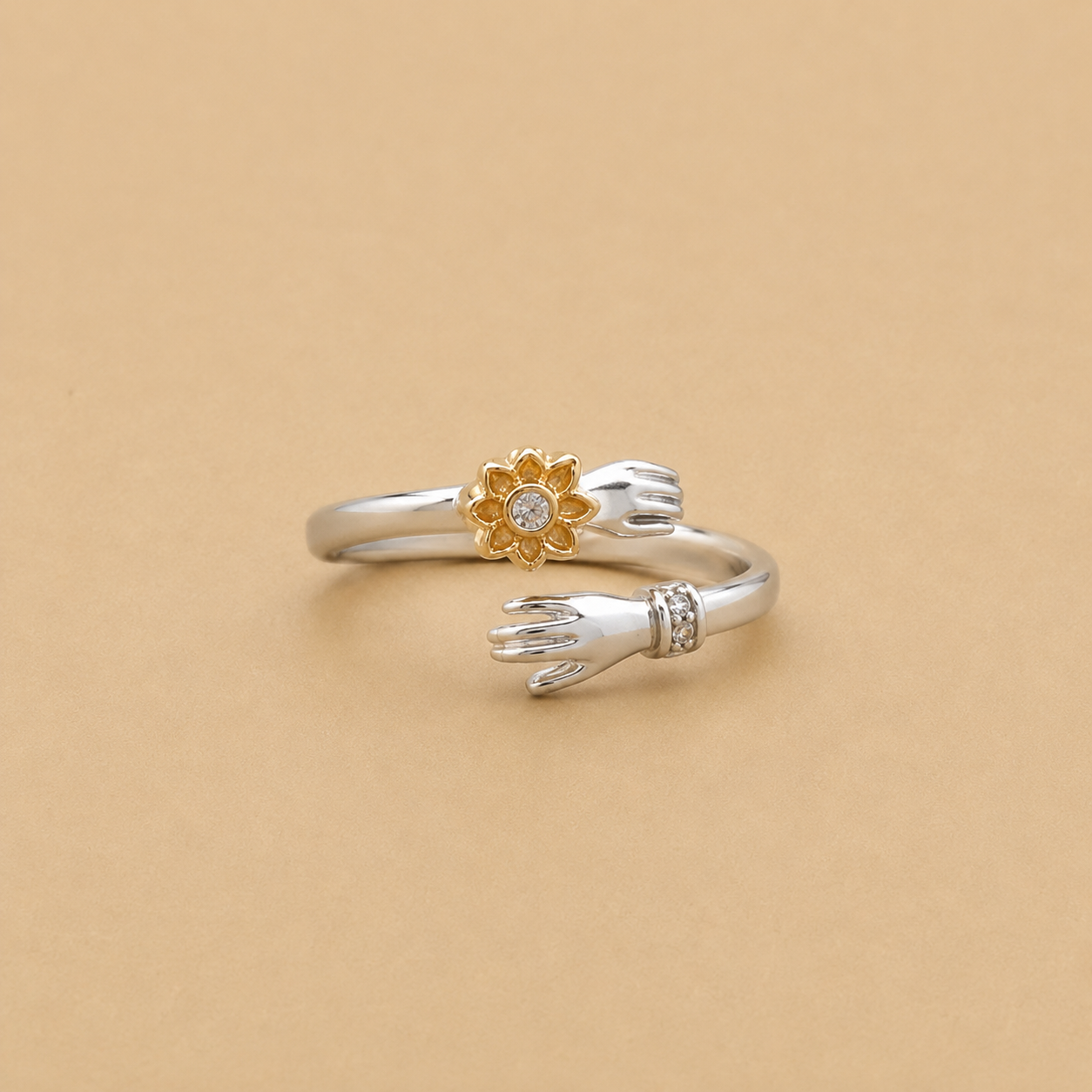 Silver Hands & Gold Flower Adjustable Ring