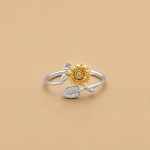 Silver Sunflower & Crystal Leaf Ring