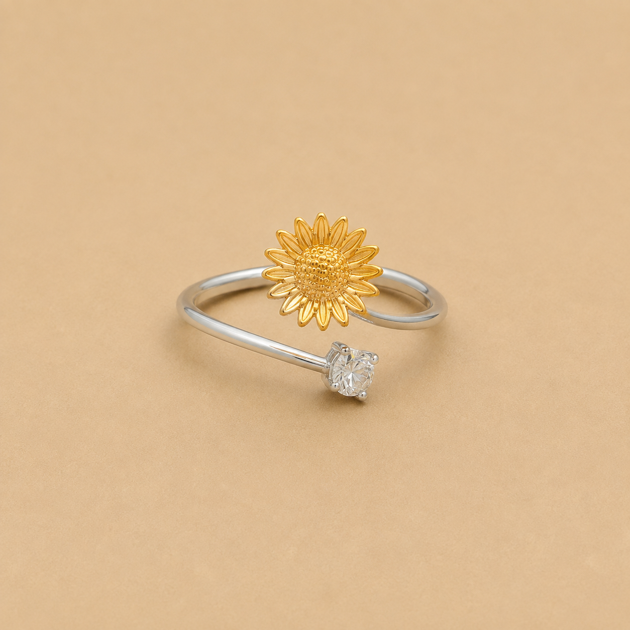 Silver Sunflower & Clear Crystal Adjustable Ring