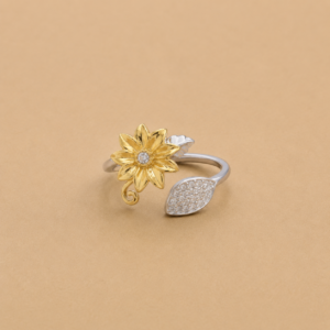 Silver Gold Flower & Crystal Leaf Adjustable Ring