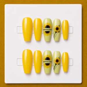 Golden Sunflower – Large Coffin Unique Press-On Nails