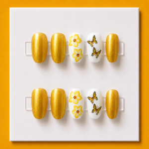 Golden Butterfly & Flower Short Round Kids Press-On Nails