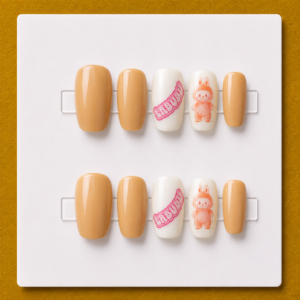 Peach Labubu Short Coffin Budget Press-On Nails