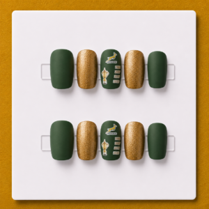 Springbok Glory Green & Gold Short Square Budget Press-On Nails