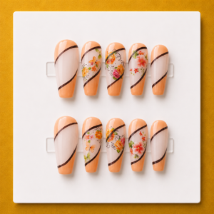 Peach Blossom Garden Medium Coffin Budget Press-On Nails