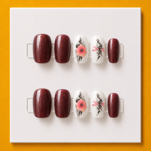 Ruby Sparkle Flower & Dragonfly Short Square Kids Press-On Nails