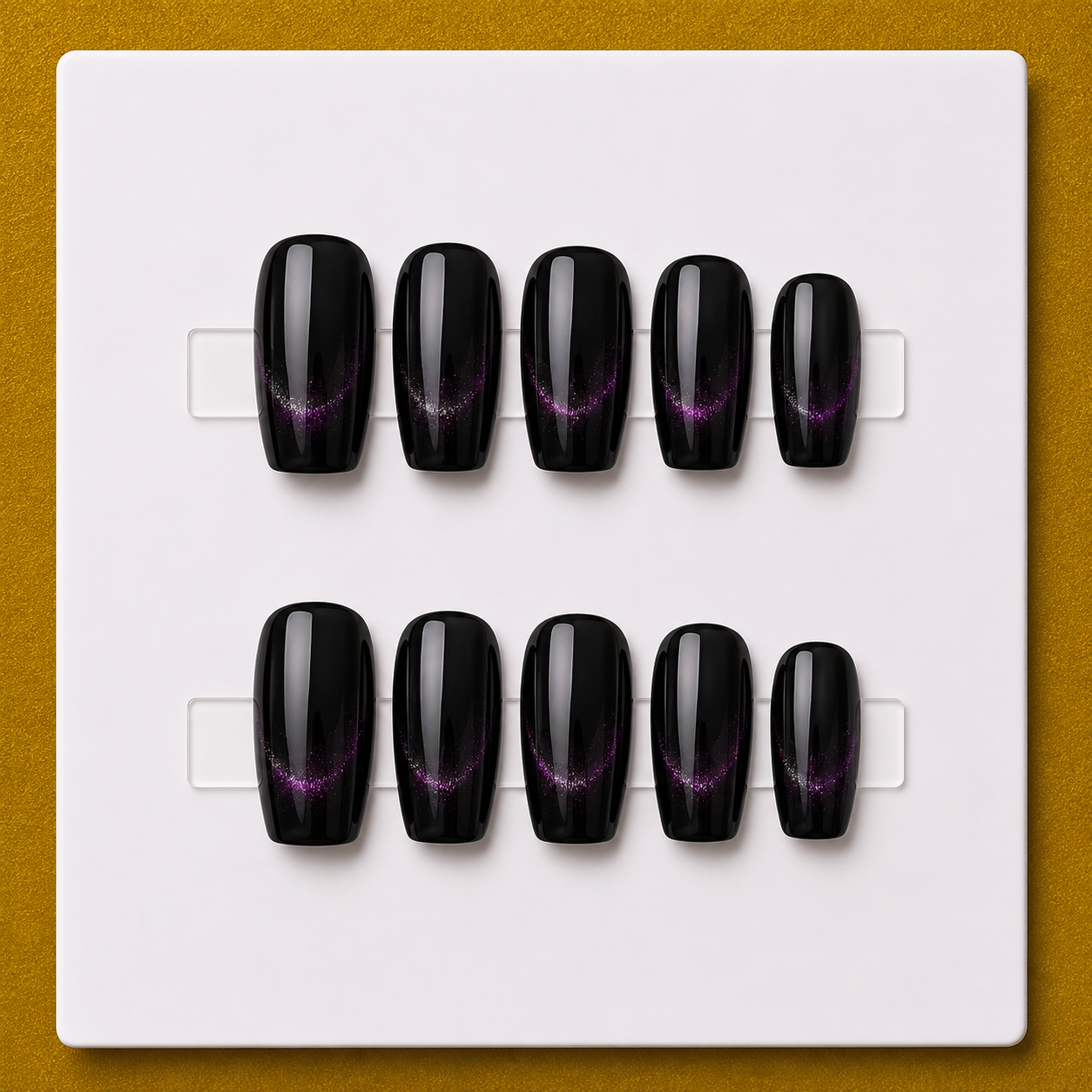 Midnight Amethyst Cat Eye – Medium Coffin Unique Press-On Nails