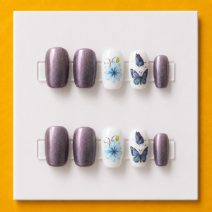 Twilight Butterfly & Blue Flower Short Square Kids Press-On Nails